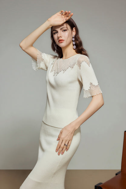 White Sheer Neckline Rhinestone Short Sleeve Knit Top
