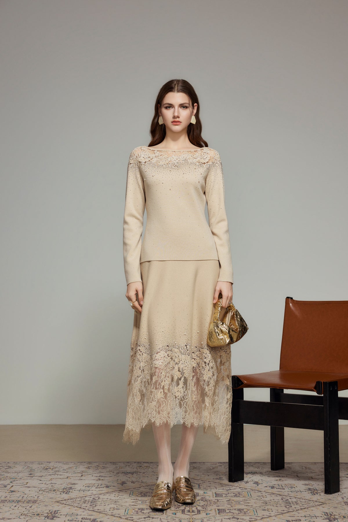 Khaki Rhinestone Wool Knit Lace Top