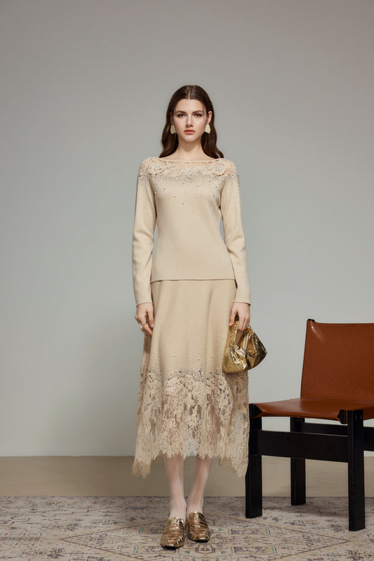 Khaki Rhinestone Wool Knit Lace Skirt