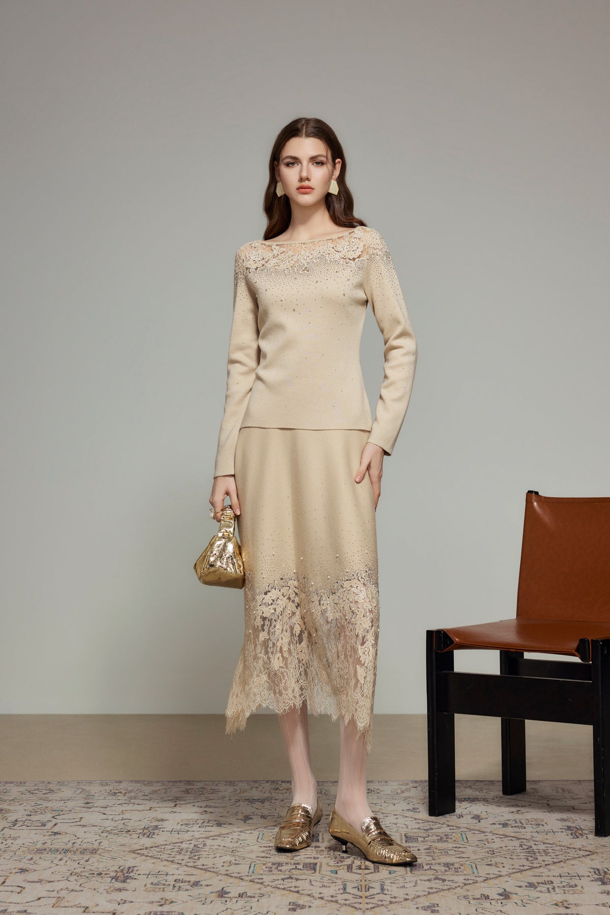 Khaki Rhinestone Wool Knit Lace Top