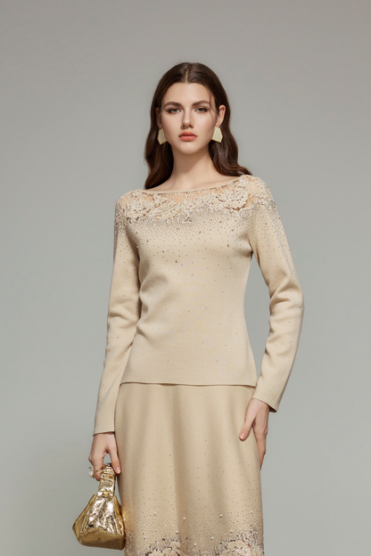 Khaki Rhinestone Wool Knit Lace Top