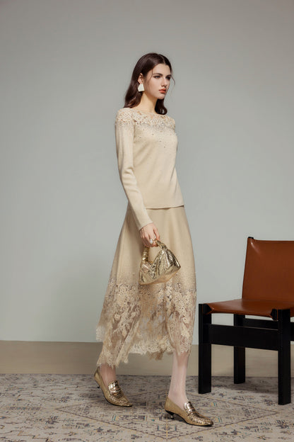 Khaki Rhinestone Wool Knit Lace Top