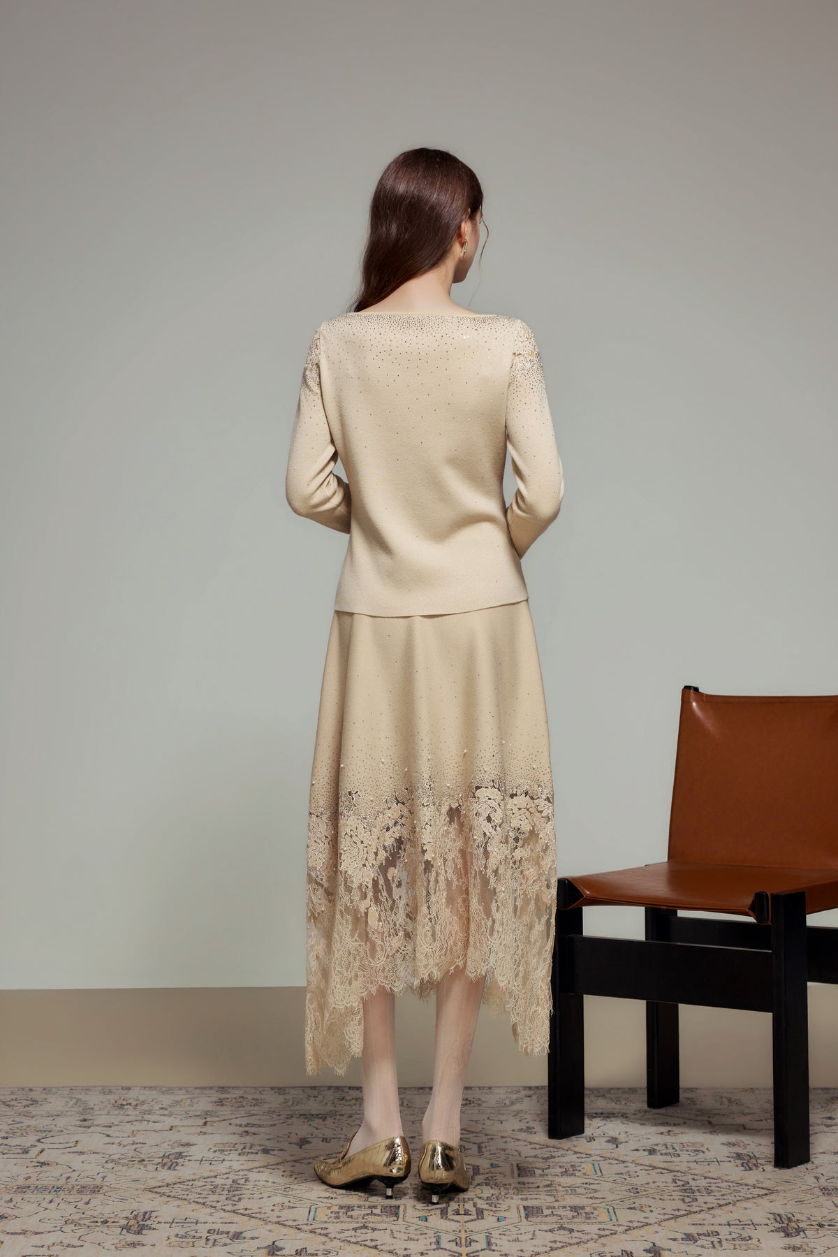Khaki Rhinestone Wool Knit Lace Top