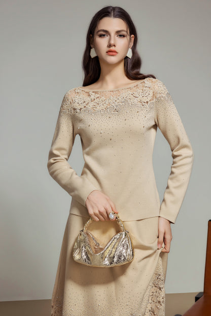 Khaki Rhinestone Wool Knit Lace Top