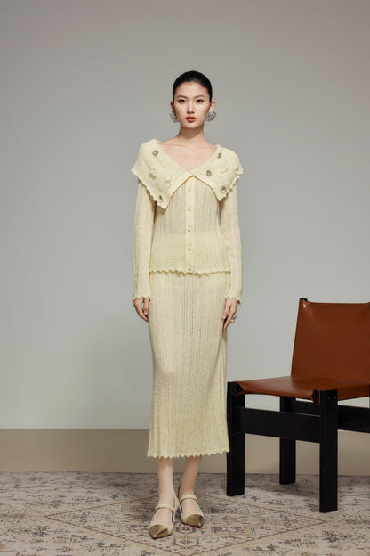 Cream Wool Knit Straight Skirt