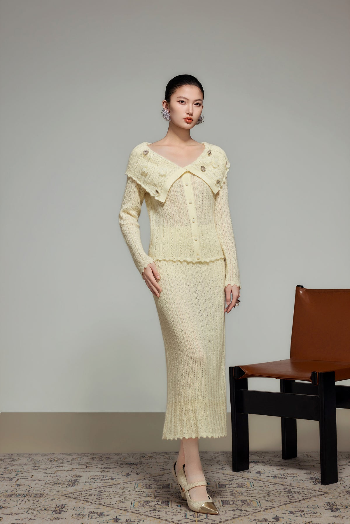 Cream Wool Knit Straight Skirt