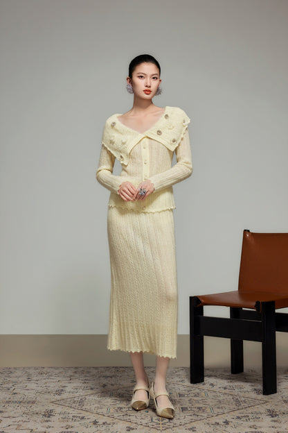 Cream Wool Knit Straight Skirt