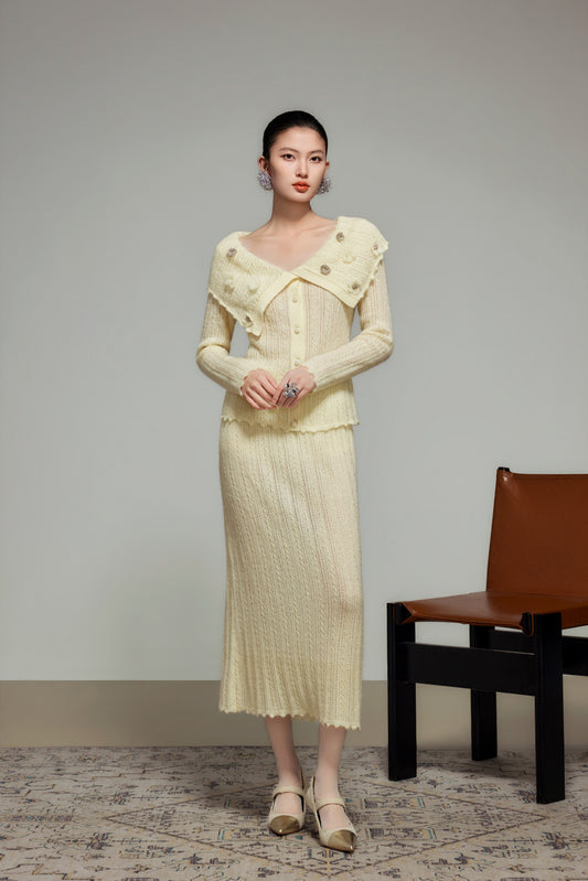 Cream Wool Knit Straight Skirt