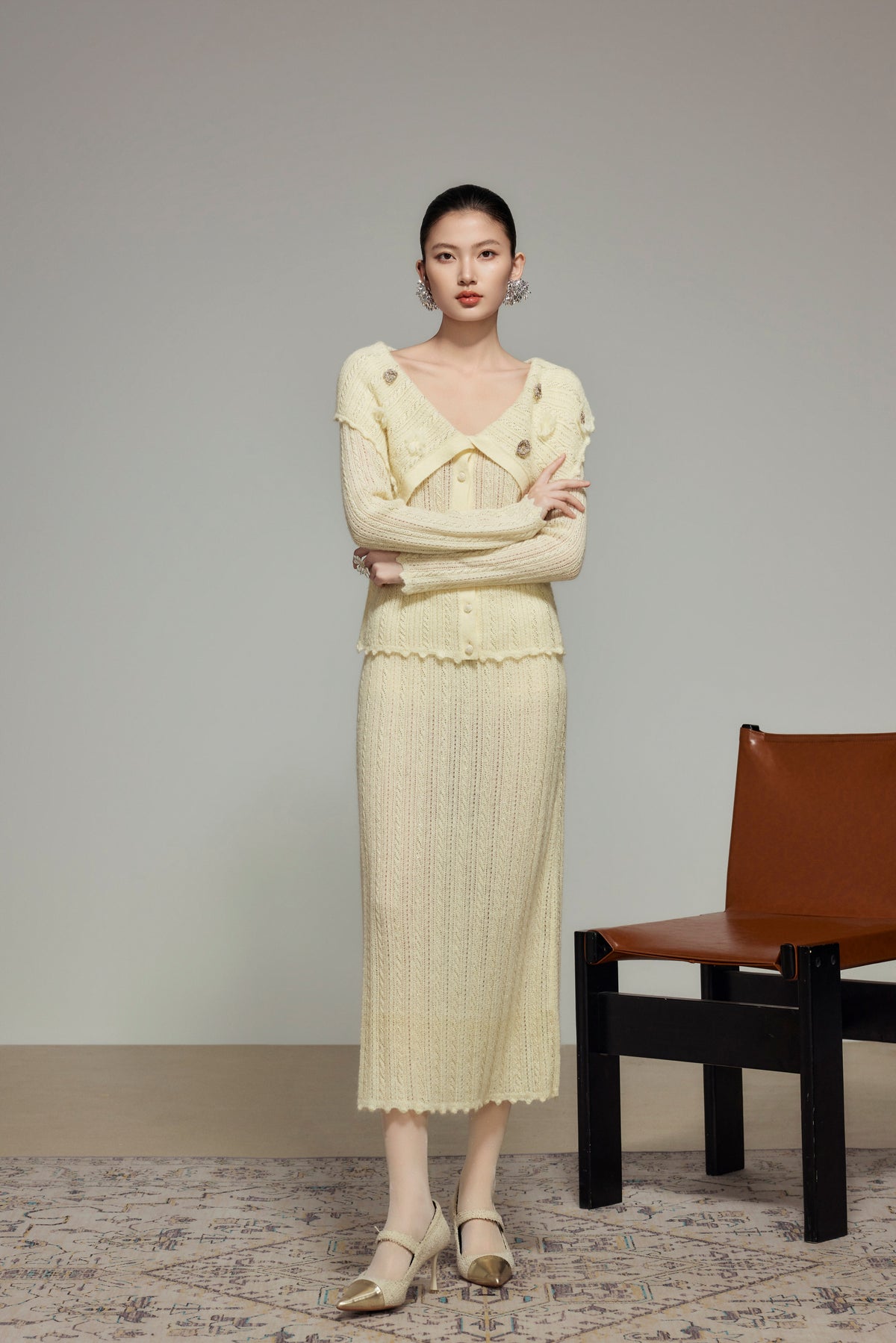 Cream Wool Knit Straight Skirt