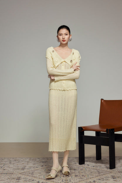 Cream Wool Knit Straight Skirt
