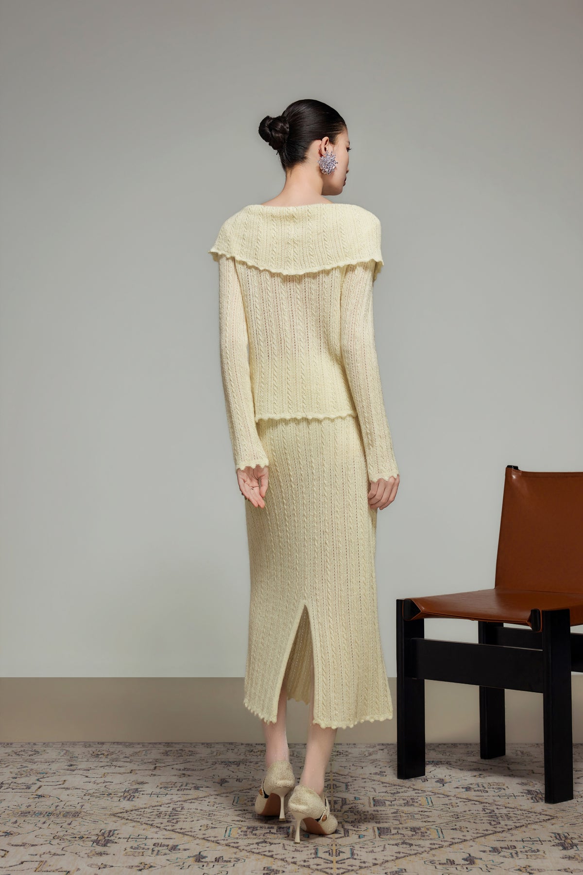 Cream Wool Knit Straight Skirt