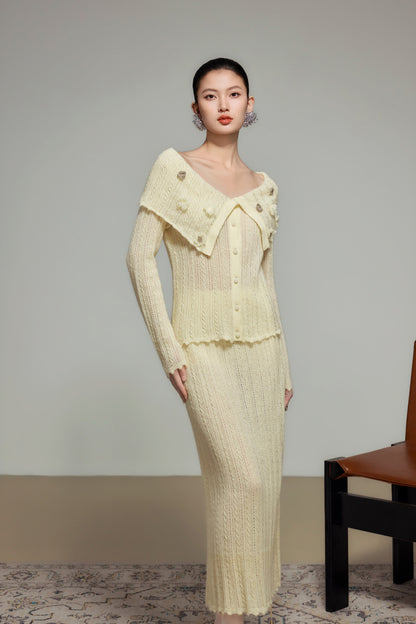 Cream Wool Knit Straight Skirt