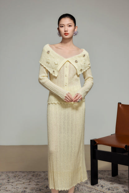 Cream Wool Knit Off-Shoulder Top
