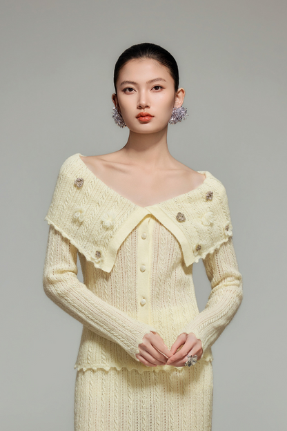 Cream Wool Knit Off-Shoulder Top