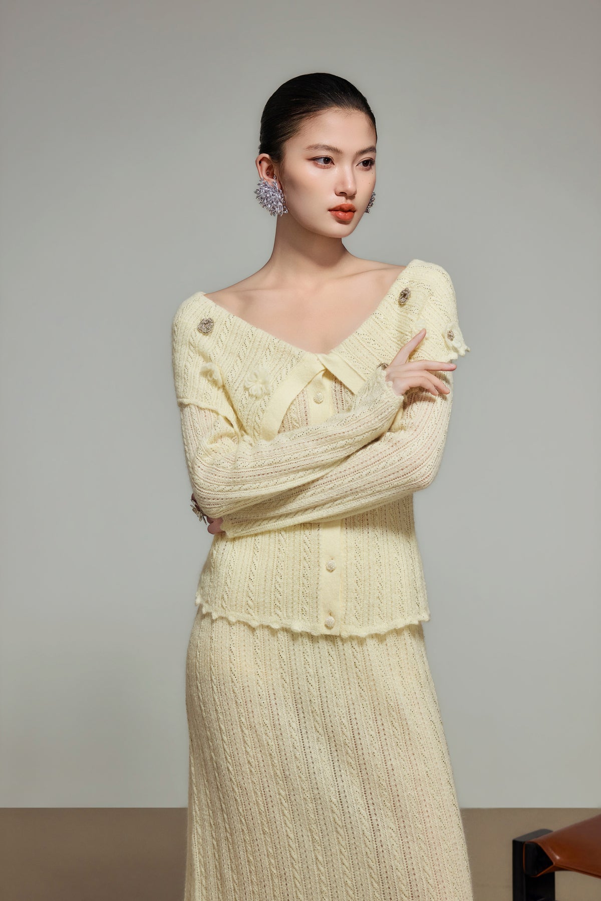 Cream Wool Knit Off-Shoulder Top