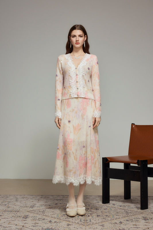 White Pink Floral Wool Knit A-Line Skirt