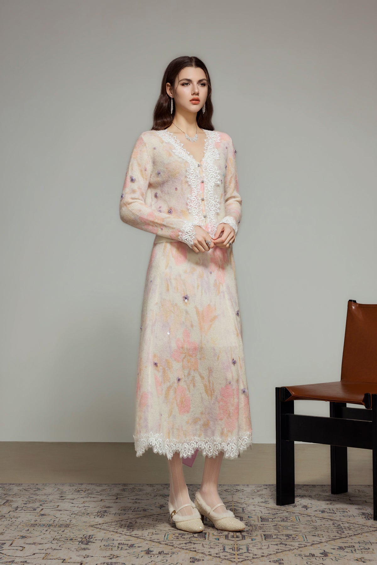 White Pink Floral Wool Knit Cardigan