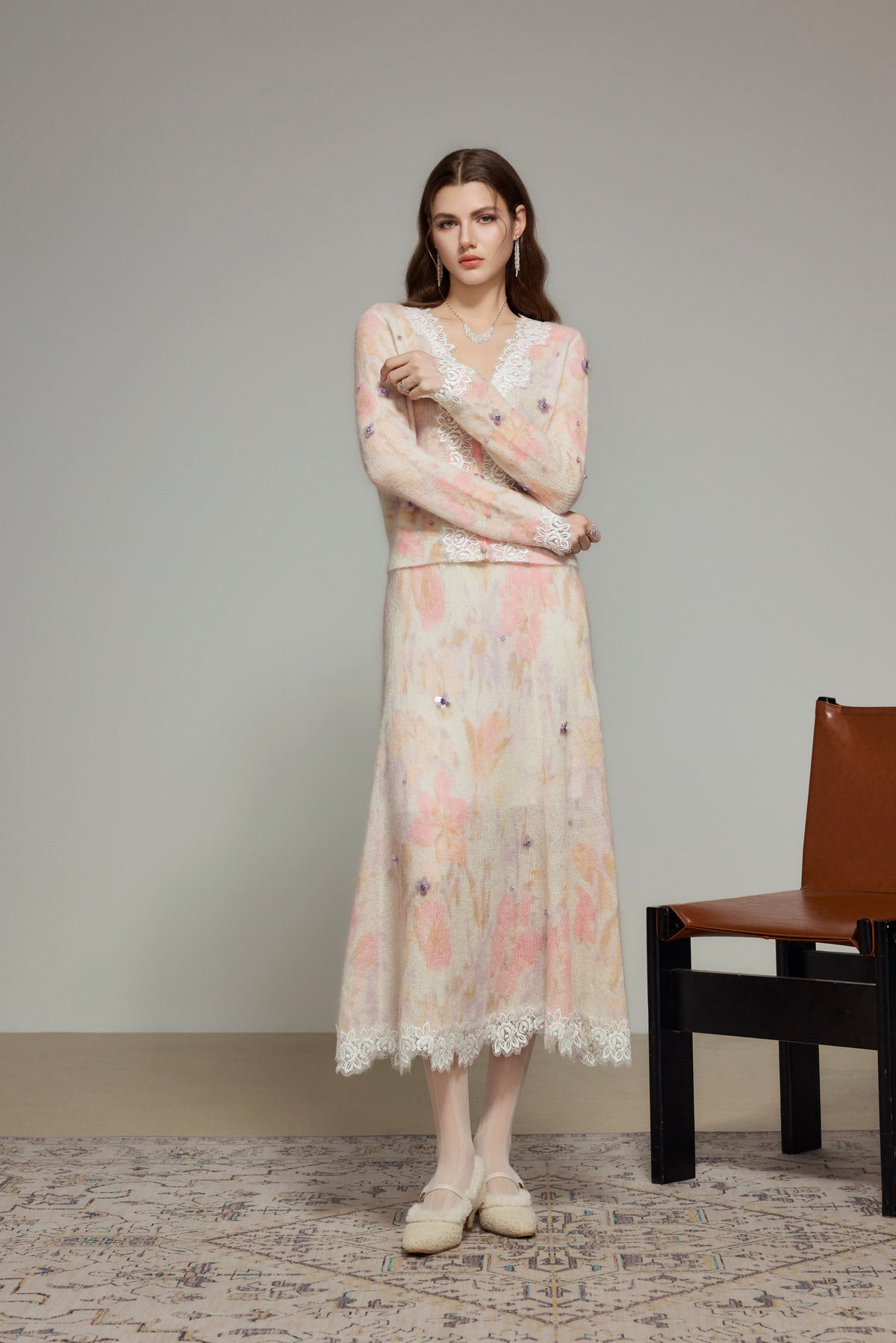 White Pink Floral Wool Knit Cardigan