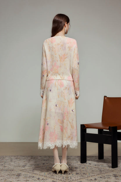 White Pink Floral Wool Knit Cardigan