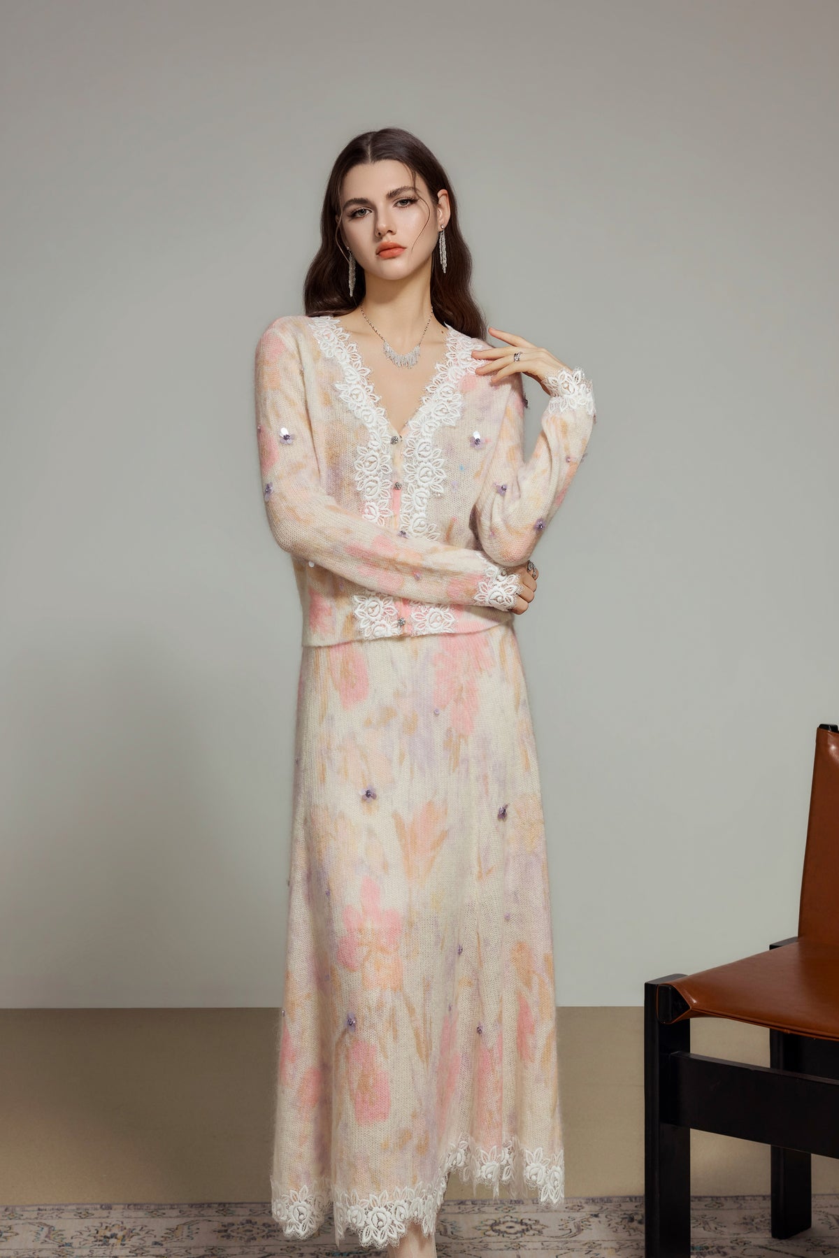 White Pink Floral Wool Knit Cardigan