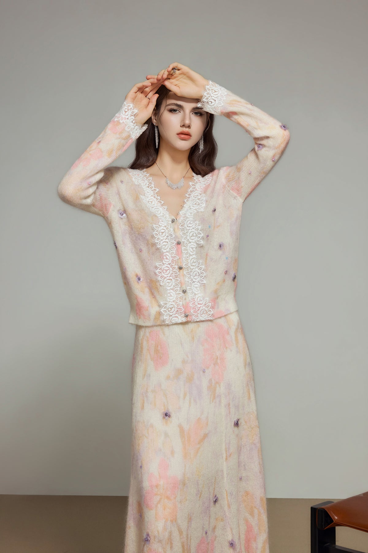 White Pink Floral Wool Knit Cardigan