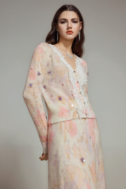 White Pink Floral Wool Knit Cardigan
