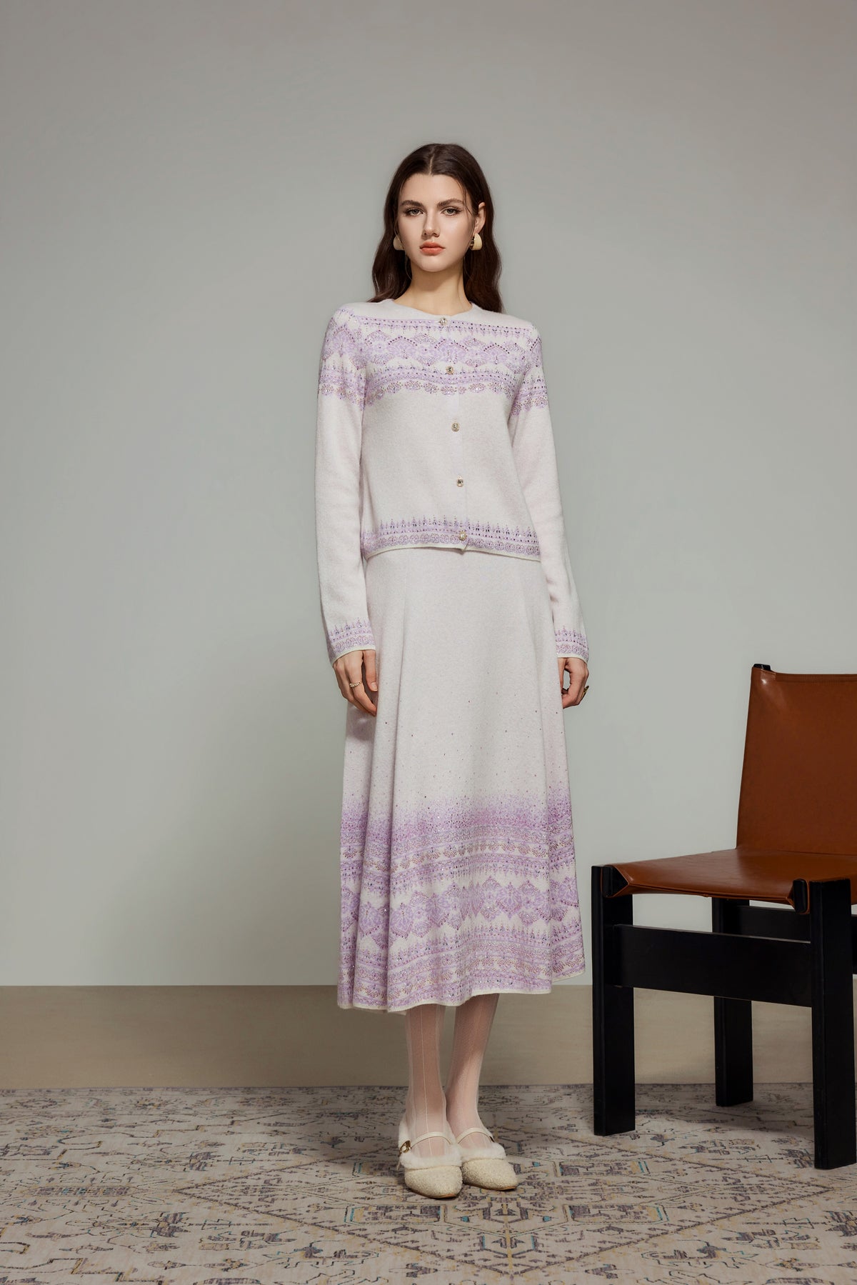White Purple Rhinestone Wool Knit Cardigan