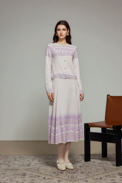 White Purple Rhinestone Wool Knit Cardigan