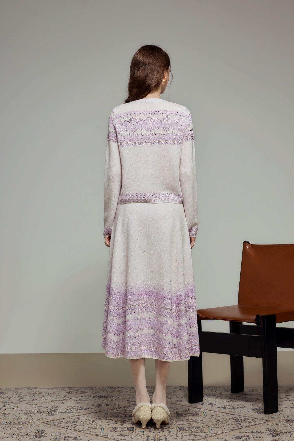 White Purple Rhinestone Wool Knit Cardigan