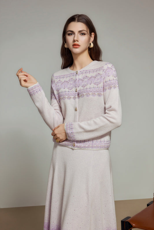 White Purple Rhinestone Wool Knit Cardigan
