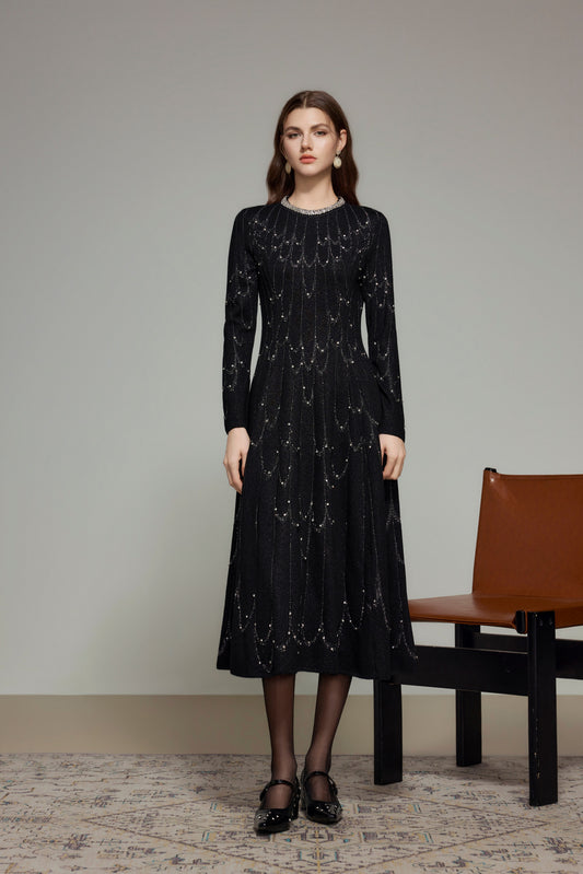 Black Rhinestone Wool Knit Long Sleeve Dress