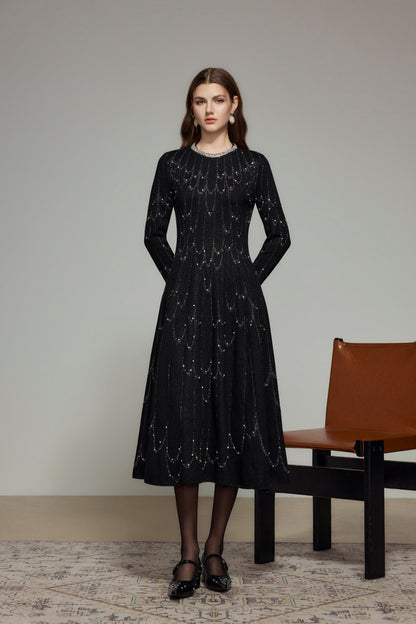 Black Rhinestone Wool Knit Long Sleeve Dress