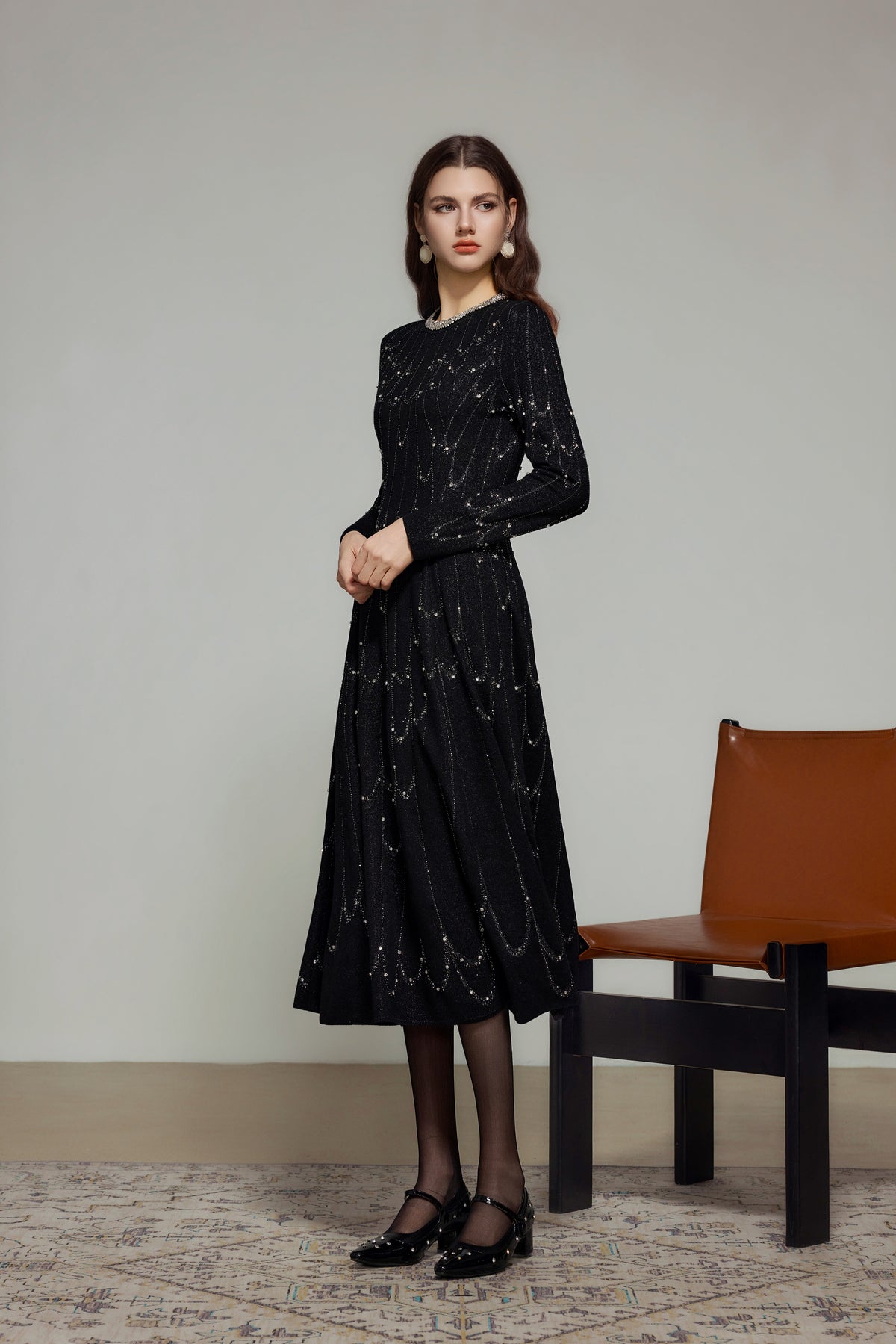 Black Rhinestone Wool Knit Long Sleeve Dress