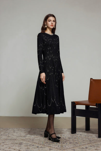 Black Rhinestone Wool Knit Long Sleeve Dress