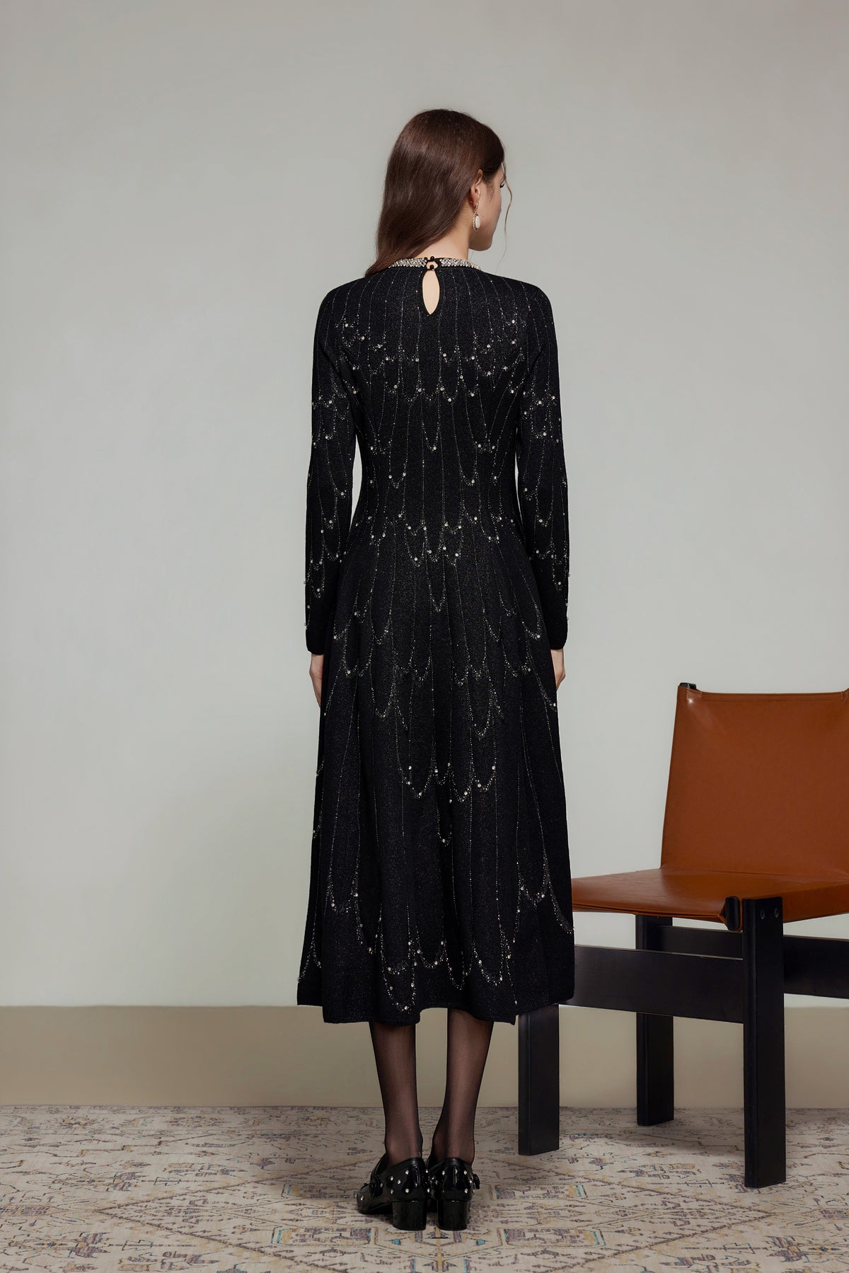 Black Rhinestone Wool Knit Long Sleeve Dress