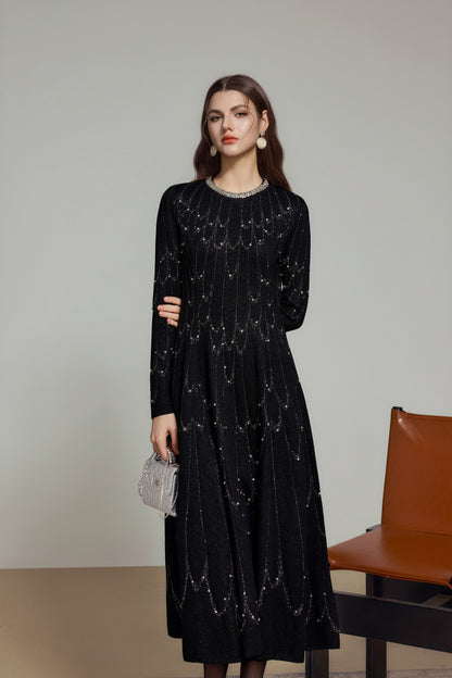 Black Rhinestone Wool Knit Long Sleeve Dress