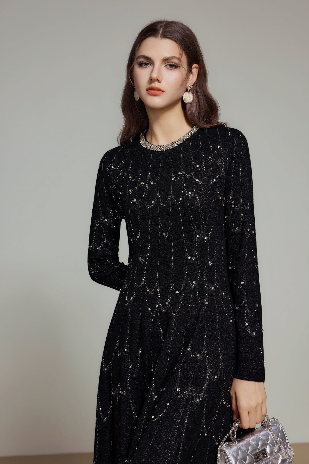 Black Rhinestone Wool Knit Long Sleeve Dress