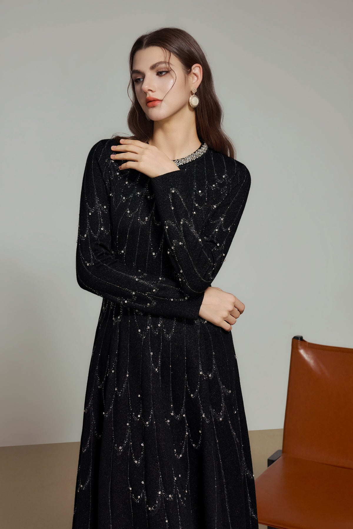 Black Rhinestone Wool Knit Long Sleeve Dress