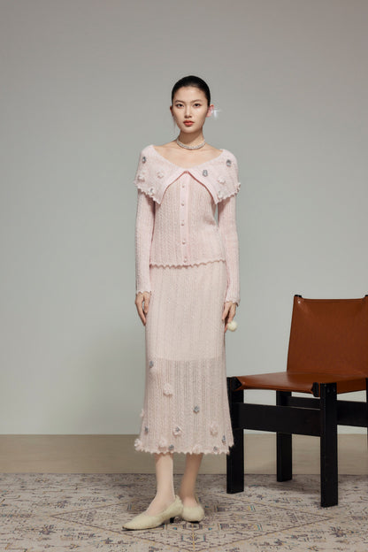 Cream Wool Knit Straight Skirt