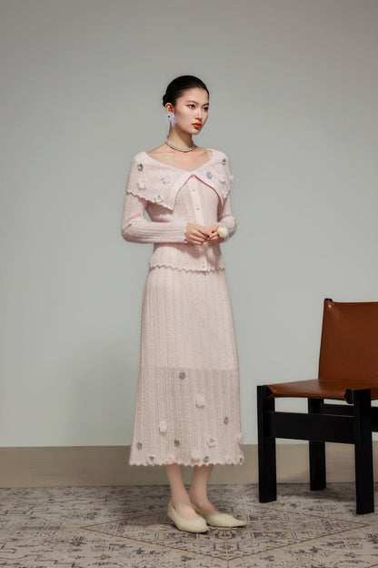 Cream Wool Knit Straight Skirt