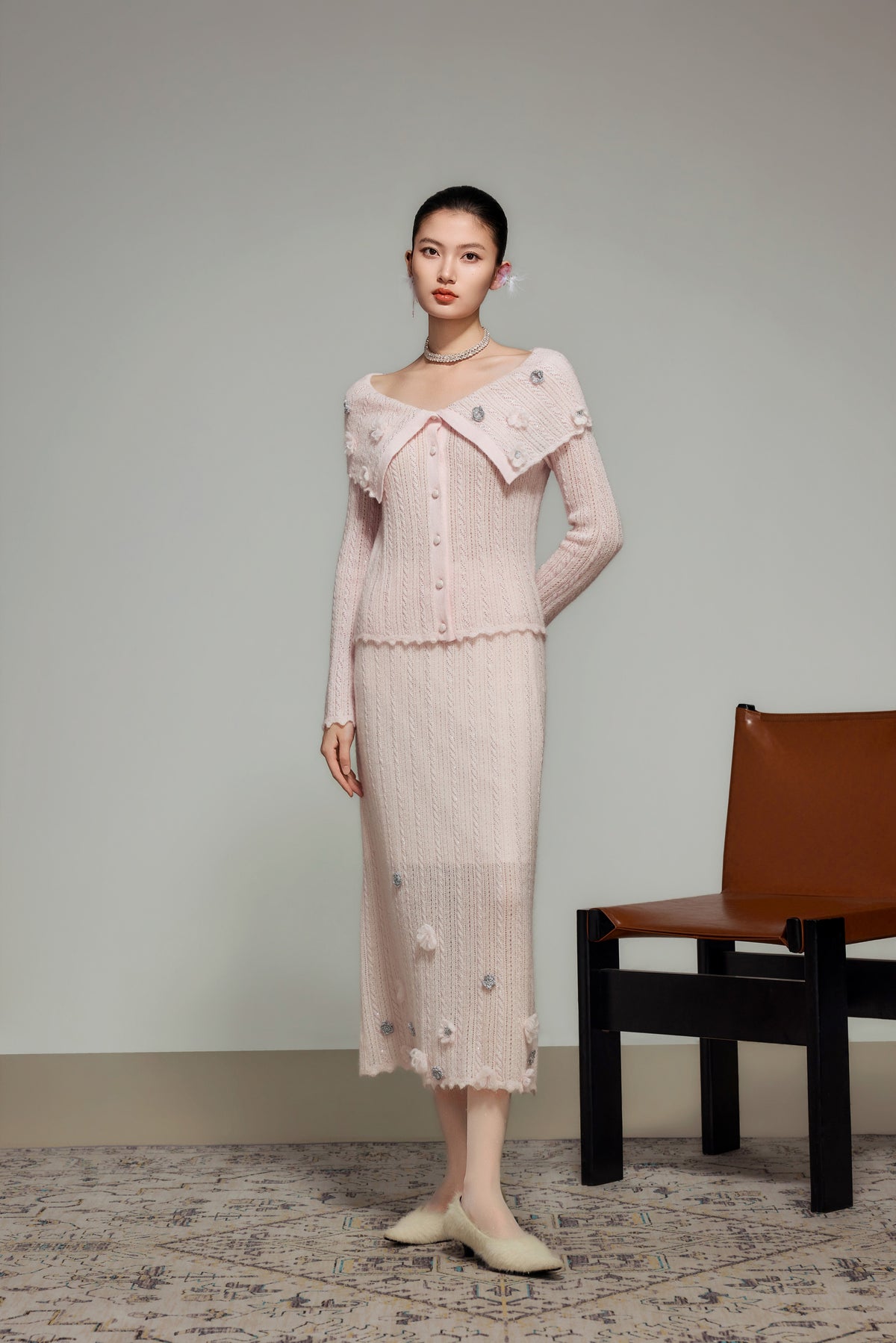 Cream Wool Knit Straight Skirt