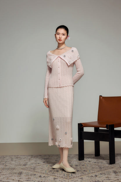 Cream Wool Knit Straight Skirt