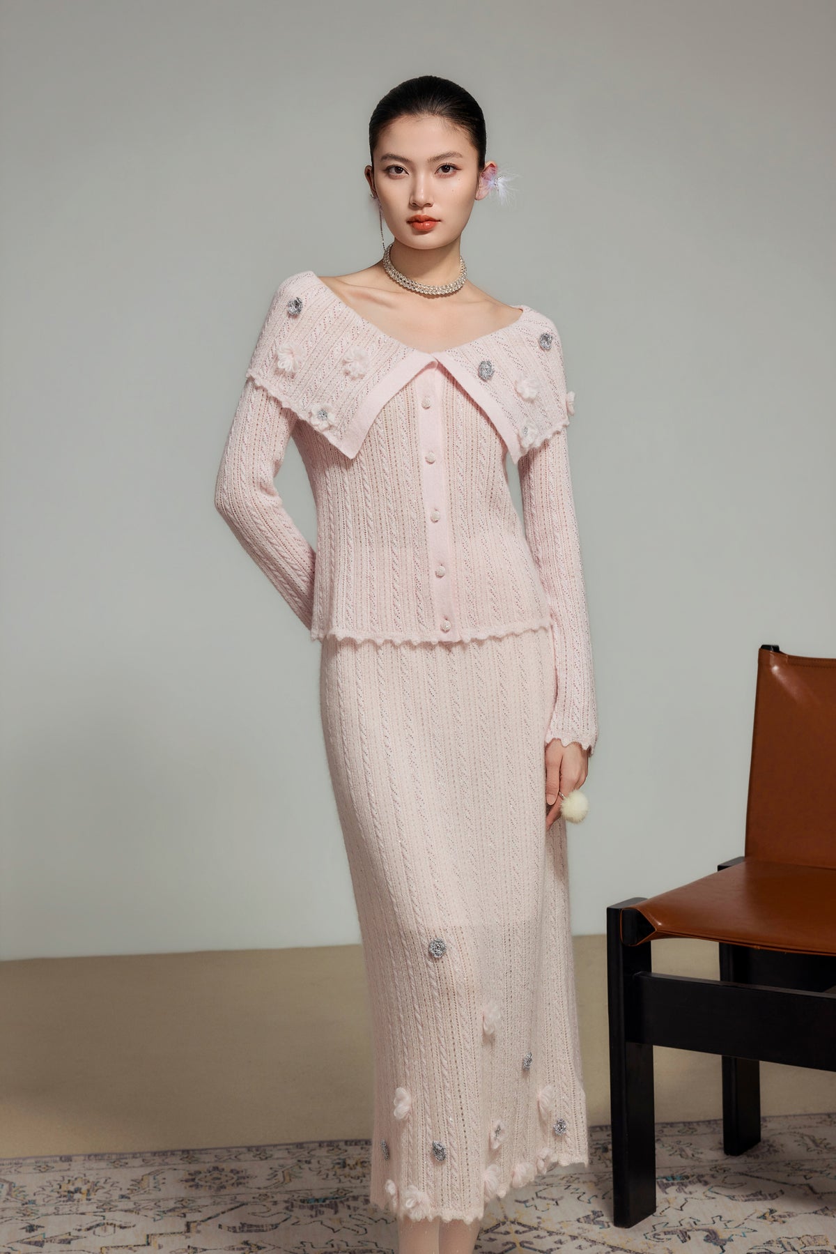 Cream Wool Knit Straight Skirt