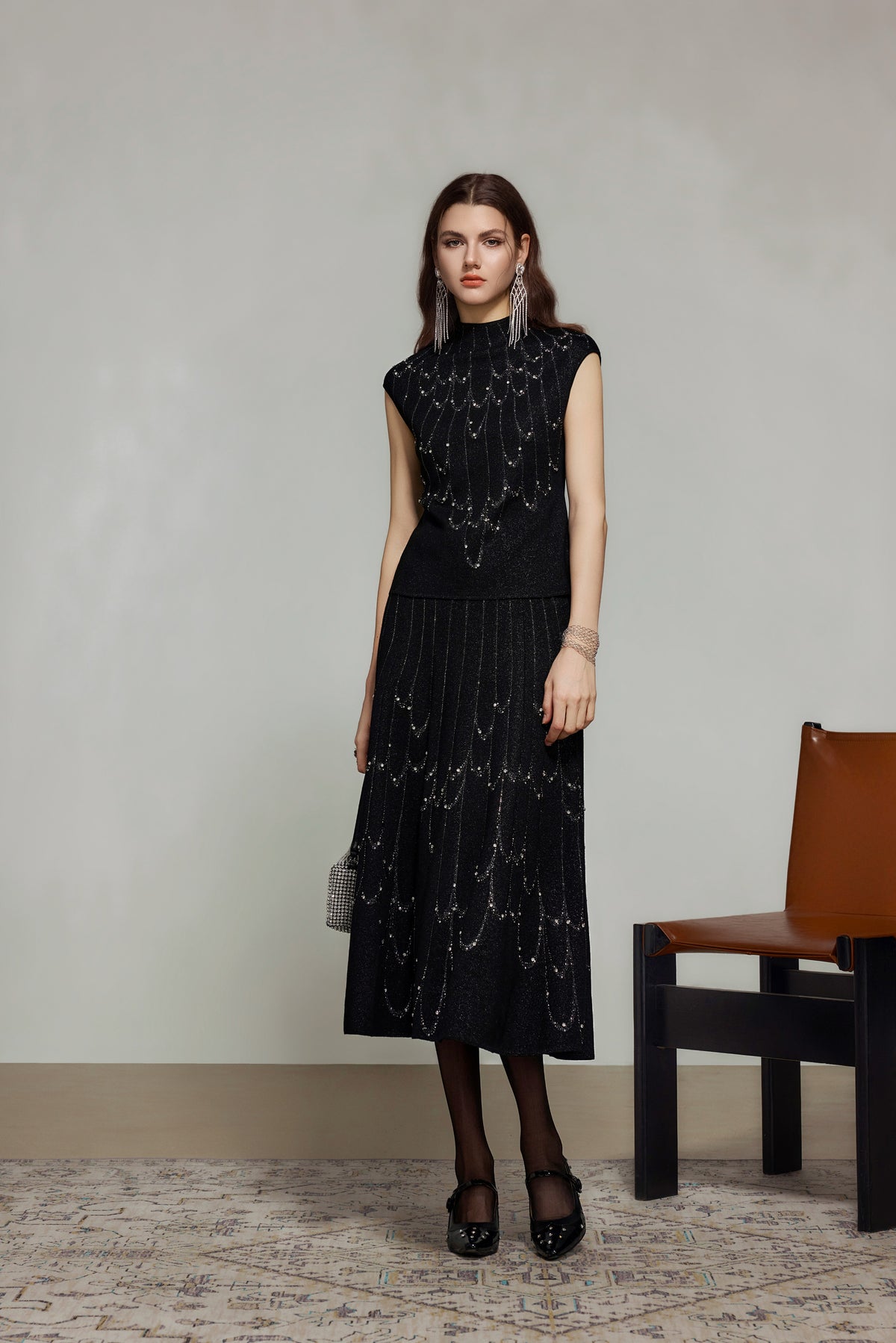 Black Rhinestone Wool Knit A-Line Skirt