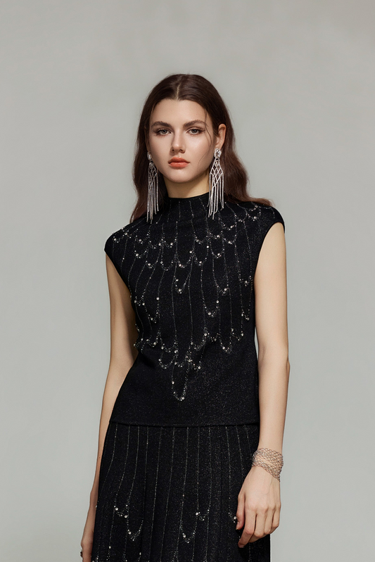 Black Rhinestone Wool Knit Mock Neck Top