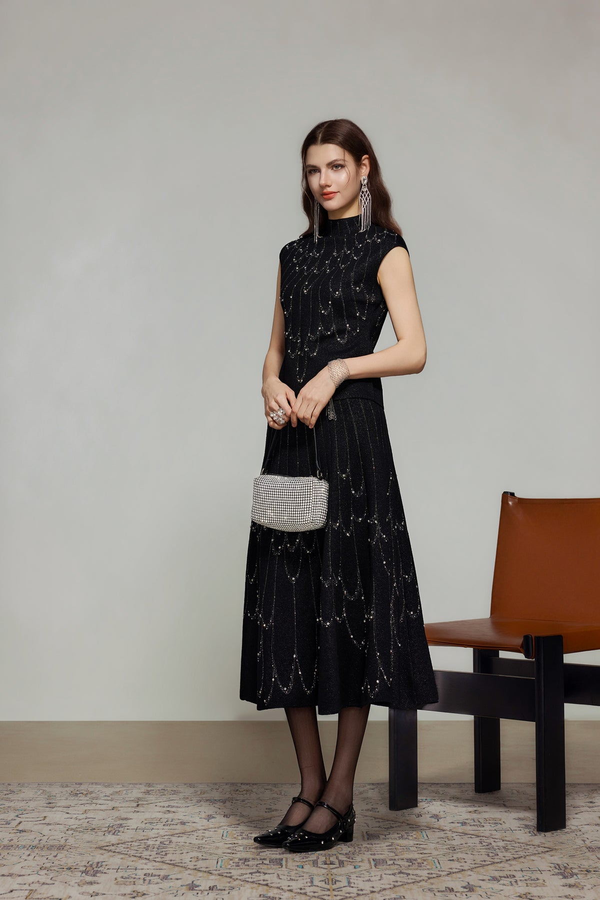 Black Rhinestone Wool Knit A-Line Skirt