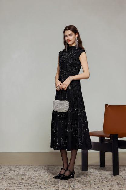 Black Rhinestone Wool Knit A-Line Skirt
