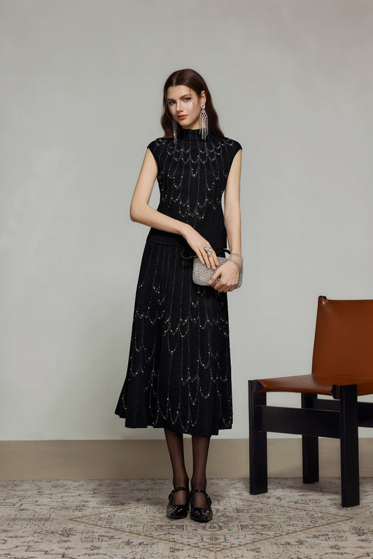 Black Rhinestone Wool Knit A-Line Skirt