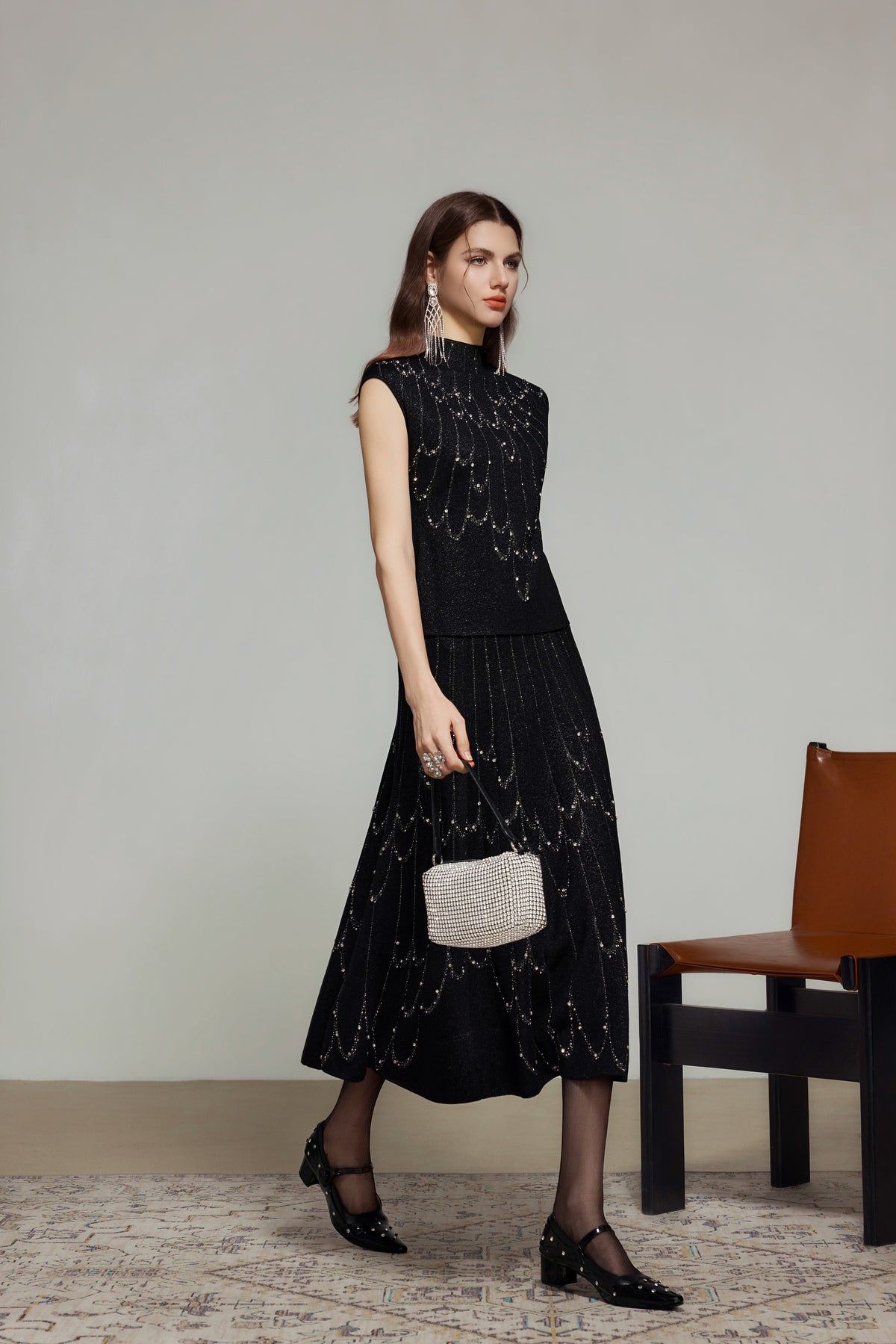 Black Rhinestone Wool Knit A-Line Skirt