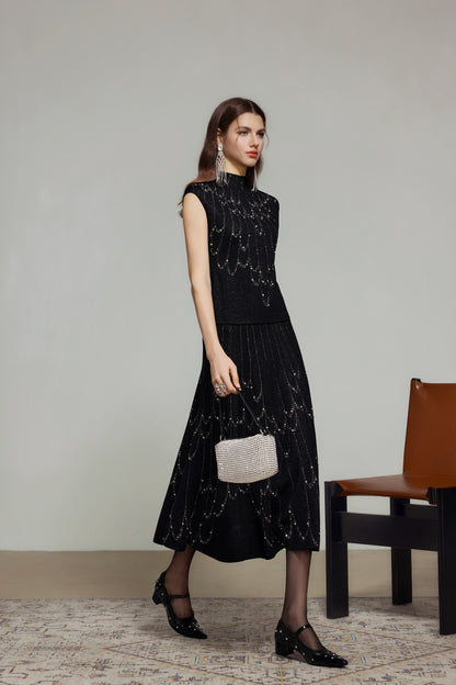 Black Rhinestone Wool Knit A-Line Skirt